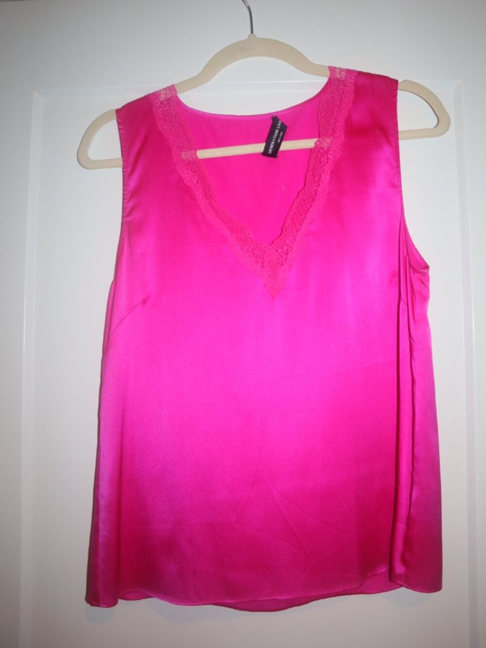 Generation Love Hot Pink Satin Lace Trim Sleeveless V-Neck Top